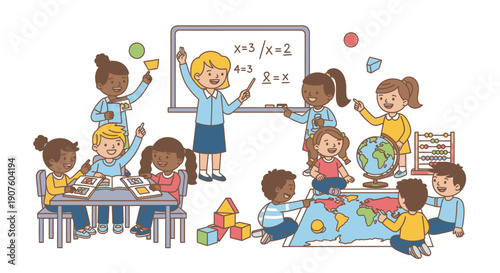 Cartoon Classroom Scene: Teacher and Students Learning Mathematics and Geography