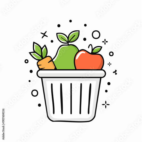 Whimsical cartoon illustration of fresh fruits and vegetables in a basket design