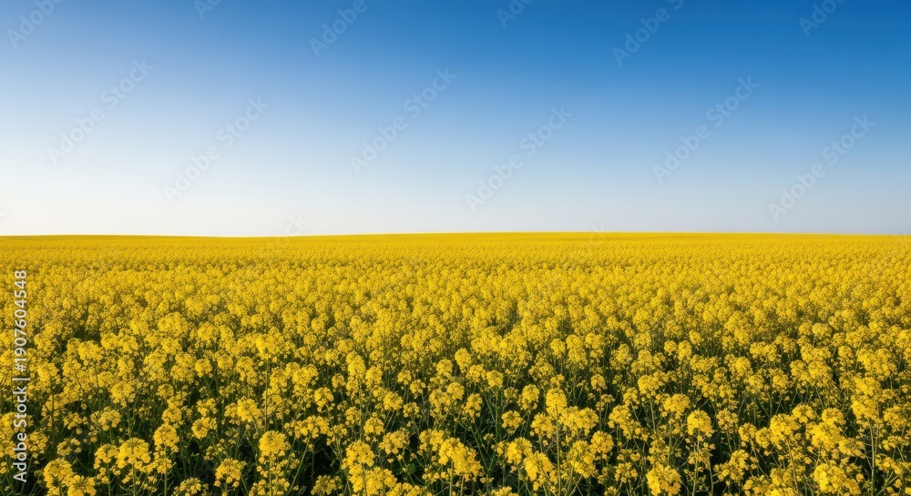 Fototapeta premium A wide angle view of a vast, brilliant yellow rapeseed field stretching toward the horizon under a clear blue springtime sky, springtime, plant, harvest