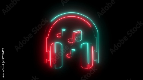 A vibrant neon sign of headphones with musical notes on a dark background