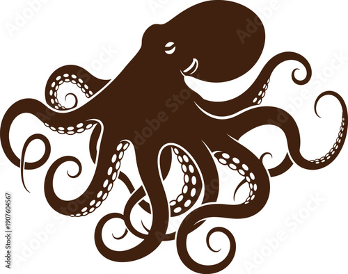 A brown octopus with curled tentacles on a white background