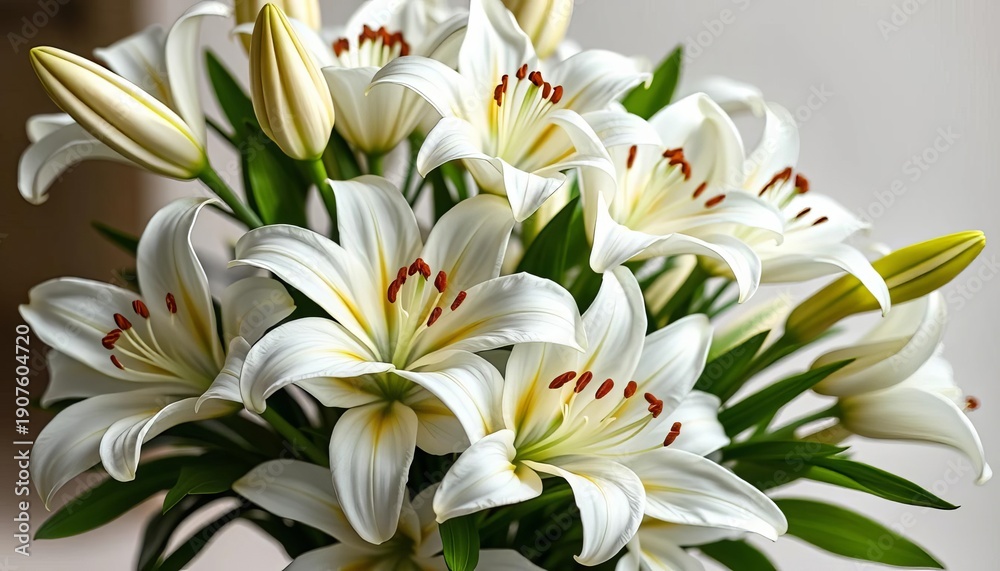 Obraz premium Elegant white lilies arranged in a classic bouquet, wedding flowers, longiflorum lily