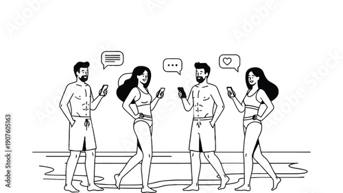 Smartphone users enjoying beach vacation with social media and communication