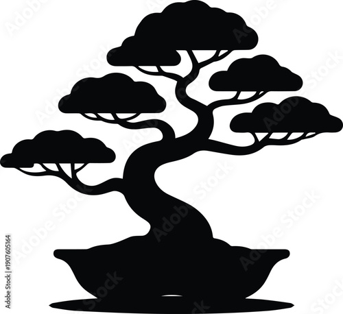 Minimalist black bonsai tree in a shallow pot silhouette vector icon