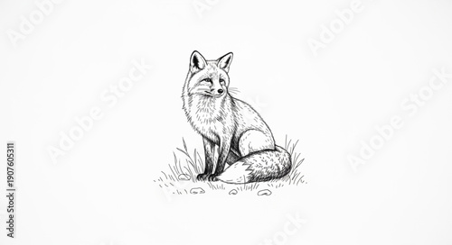 Pencil Sketch of a Sitting Fox in the Wild.