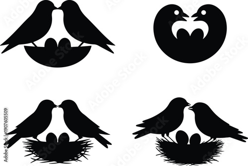 Set of Minimalist black love birds nest with two small eggs silhouette vector icon