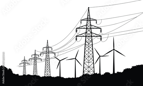 Silhouette of power lines and wind turbines against a white background electricity energy