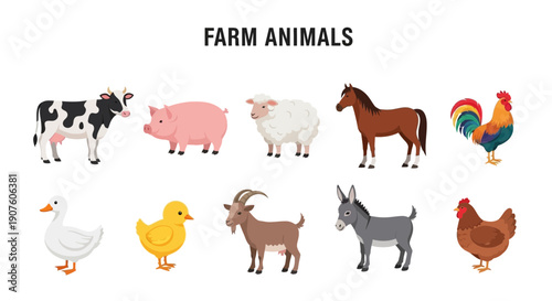 Ten distinct cartoon farm animals arranged in two rows under a title