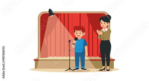Cartoon boy with red hair singing on stage under a spotlight, with a proud woman applauding his performance.