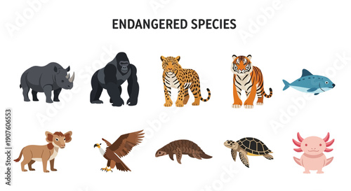 Ten illustrations of endangered animal species arranged in two rows