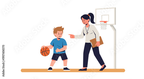 Young Boy Dribbling Basketball with Coach's Guidance, Illustration Style