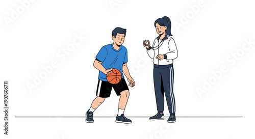 Young male basketball player dribbling with coach holding stopwatch