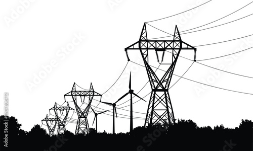 Silhouette of Wind Turbines and High Voltage Power Lines Against White Sky wind power renewable energy
