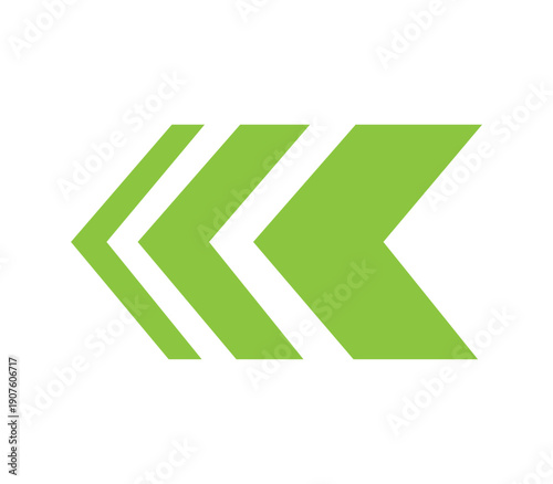 Three bright green chevrons pointing left, indicating reversal, previous action, or moving backward.