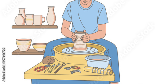 A craftsman in a blue shirt carefully shaping a striped clay vase on a potter's wheel.