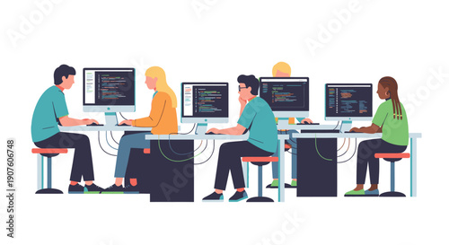 Diverse group of people coding on computers in a modern office setting