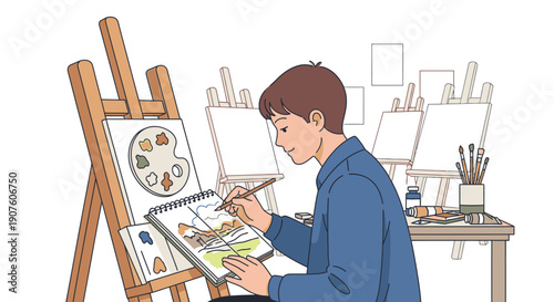 Young male artist in a blue shirt painting a colorful landscape in a sketchbook on a wooden easel.
