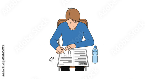 Focused Student Taking Exam with Blue Shirt and Paper