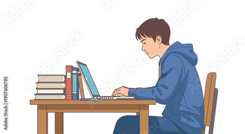 Young man in blue hoodie typing on laptop at desk with books