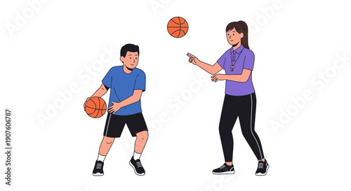 Female basketball coach with a whistle teaching a young boy dribbling and passing skills.