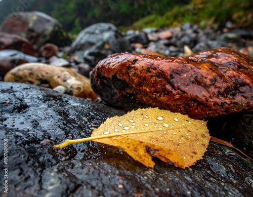 Wallpaper Mural Close-up of a vibrant yellow leaf with water droplets resting atop wet, dark, and light-colored stones, earthy tones Torontodigital.ca