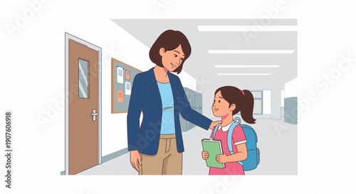 A friendly teacher with short brown hair encourages a young student holding a book.