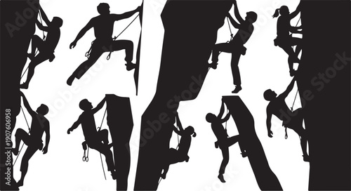 Silhouettes of rock climbers in various poses and actions