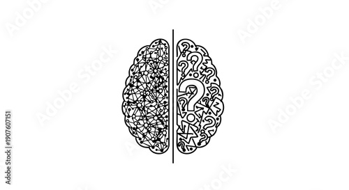 Split brain illustration with organized left side and chaotic right side symbolizing logic vs creativity