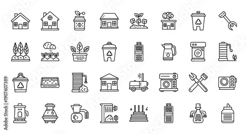 Comprehensive Vector Line Icon Set for Sustainable Living, Smart Home Technology, and Eco-Friendly Lifestyle Concepts