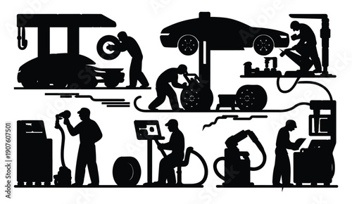 Automotive service workers performing various repair and maintenance tasks on cars and vehicles
