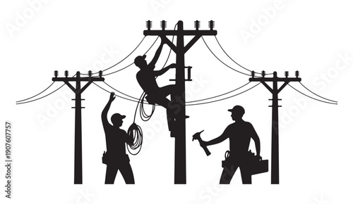 Electrical linemen working on high voltage utility poles fixing power lines silhouette vector