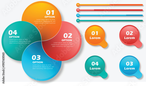 4-Step Business Infographic Template. Vector Presentation Slide Featuring Overlapping Colorful Circular Segments, Data Progress Bars, and Numbered Callout Nodes