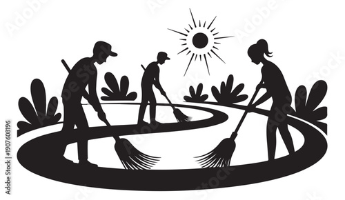 Team of workers cleaning park path silhouette vector illustration sweeping garden on sunny day