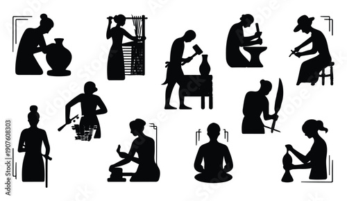 Artisans and craftspeople silhouette vector illustration collection of ancient traditional work