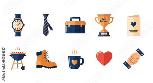 Flat icons illustrating mens gifts and interests in two rows