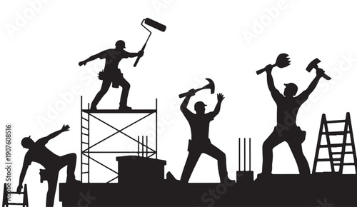 Construction workers painting and hammering on building rooftop with ladders silhouette