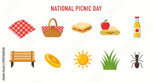 Icons for National Picnic Day featuring food objects and nature elements