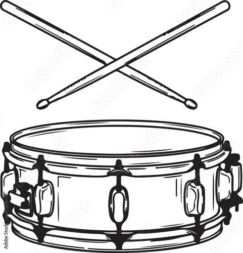 Hand drawn line art illustration of a snare drum depicting crossed drumsticks for musical performance