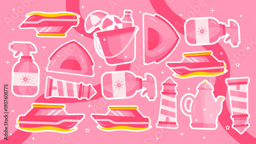 Pink background with camping tents sunblock spray and beach toys
