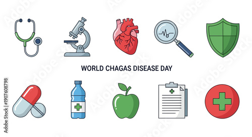 Illustration of medical icons above and below WORLD CHAGAS DISEASE DAY text