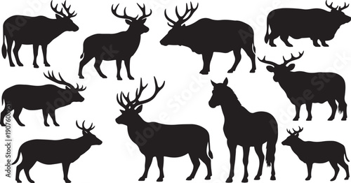 Silhouettes of various animals on white background illustration set
