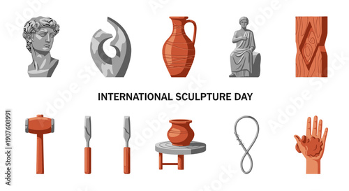 International Sculpture Day graphic with classical statues abstract art pottery and carving tools