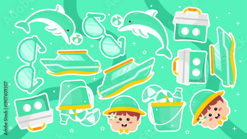 Refreshing mint green pattern with jumping dolphins sunglasses and beach boats for coastal lifestyle