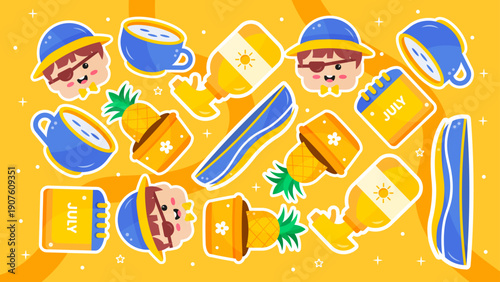 Golden yellow summer pattern featuring sunscreen spray pineapples and coffee cups for morning beach vibes