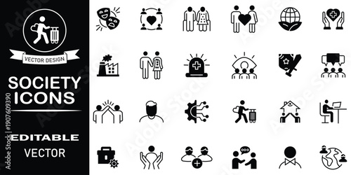 Society Solid vector, icon set collection. Set of 24 related to education, healthcare, agriculture, home, justice, culture, energy, technology, infographics, reports and more. Vector illustration.