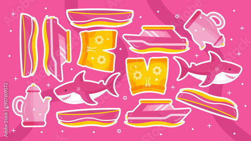 Vibrant pink summer pattern with sharks speedboats tea pots and swim shorts over a magenta background