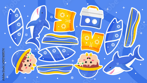 Marine themed seamless pattern with blue sharks surfboards coolers and boy characters on wavy blue background