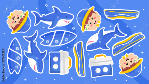 Seamless aquatic pattern with swimming sharks blue surfboards coolers and boy characters on blue waves