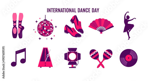 Vector illustration celebrating International Dance Day with 10 dance and music icons