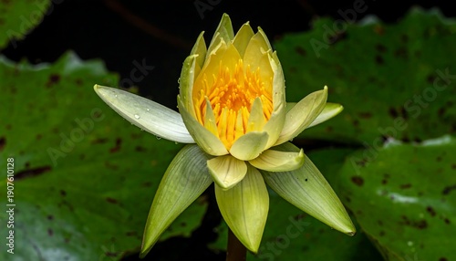 Wallpaper Mural Close-up of a vibrant yellow water lily blossom, showcasing its intricate petals and stamen against green foliage Torontodigital.ca